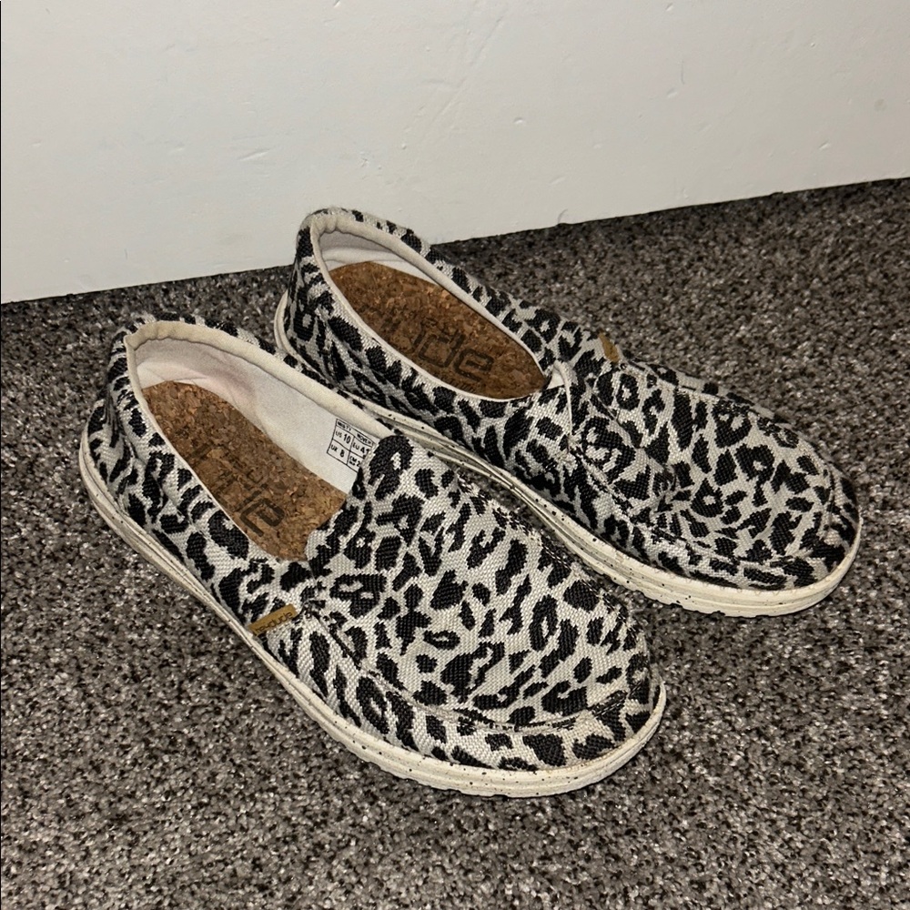 Hey Dude Women's Black and White Leopard Print Slip-On Sneakers